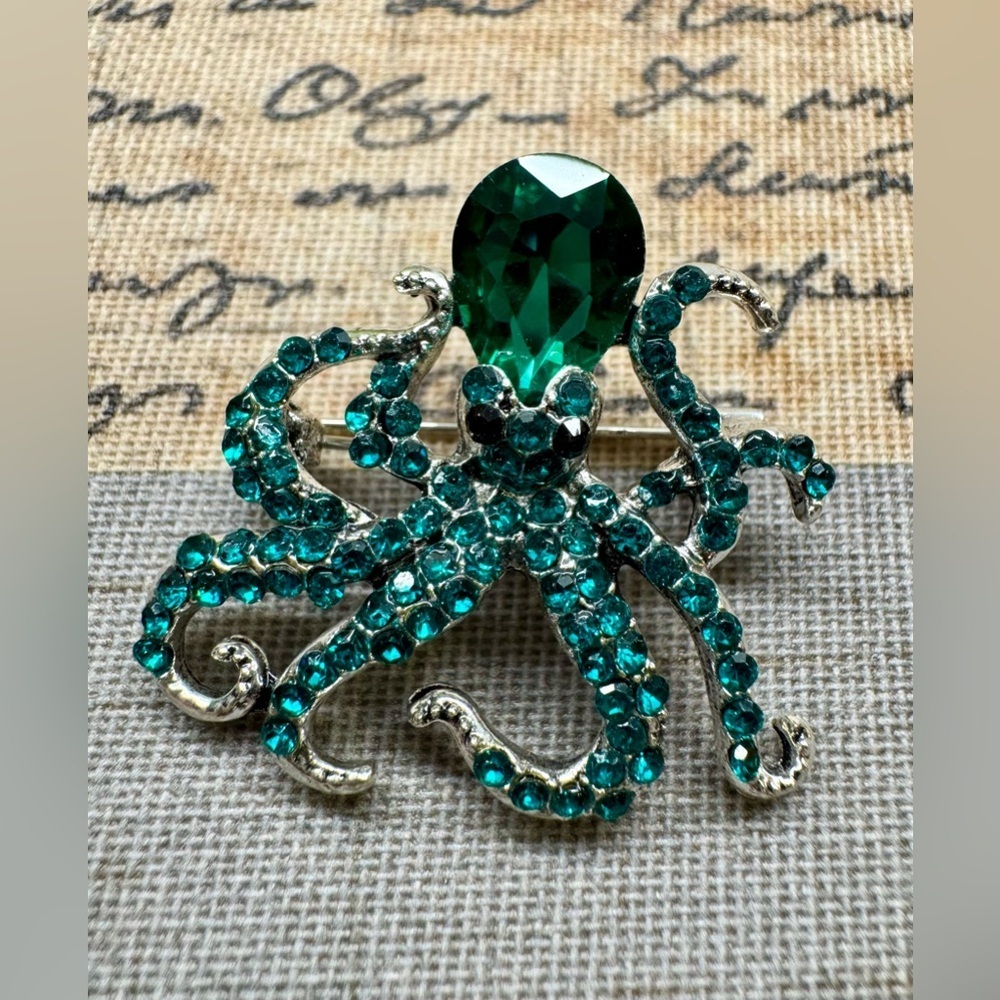 New MINI Vibrant Teal Green Austrian Crystal Octopus Pin Brooch - 1.50” - Picture 2 of 3